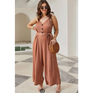Plus Solid Front Belted Cami Jumpsuit